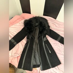 Guess Black Trench Coat with Fur Collar